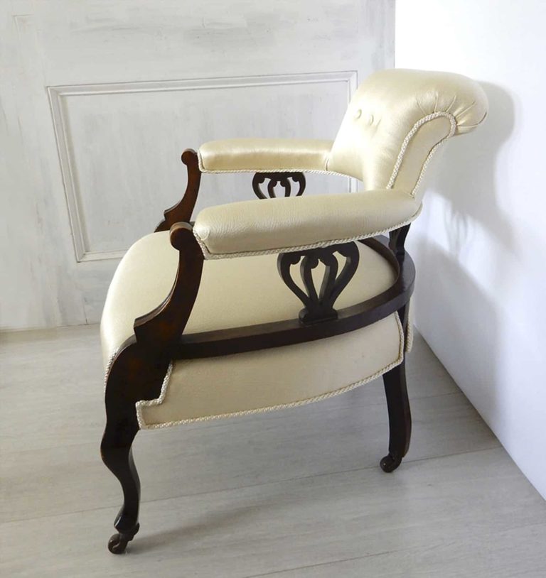 Edwardian salon tub chair upholstered in a satin oyster damask. Side View