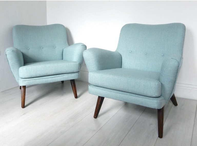 Pair of vintage, mid-century G-Plan armchairs in a bright blue fabric by Scion.