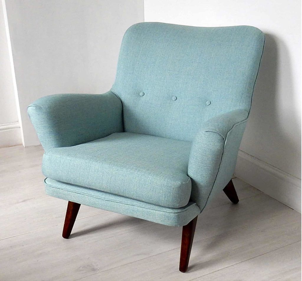 Vintage, retro G-Plan armchair; upholstered in blue fabric by Scion.