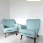 Pair vintage G-Plan armchairs-fabric by Scion.