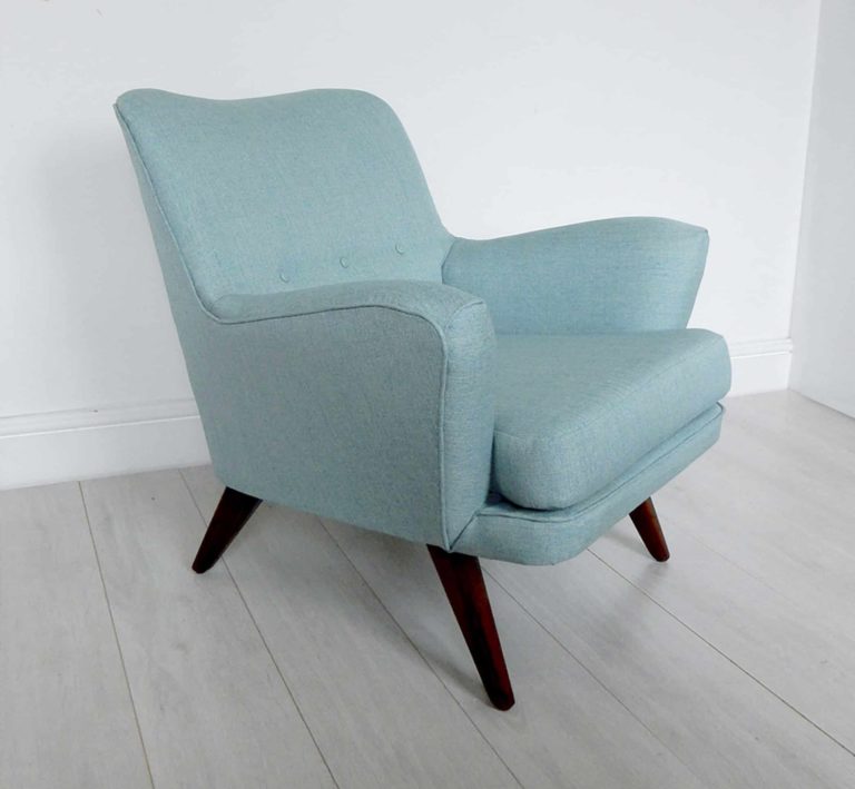 1950s G-Plan armchair; upholstered in a pretty, blue fabric by Scion.