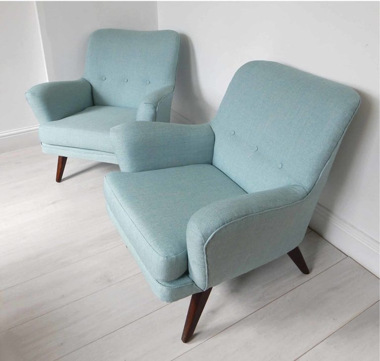 Pair of vintage, mid-century G-Plan armchairs in a bright blue fabric by Scion