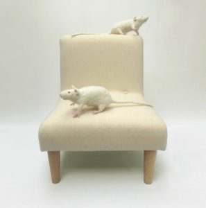 Two cute needle felted white rats sitting on a little chair, upholstered in pale cream wool fabric.
