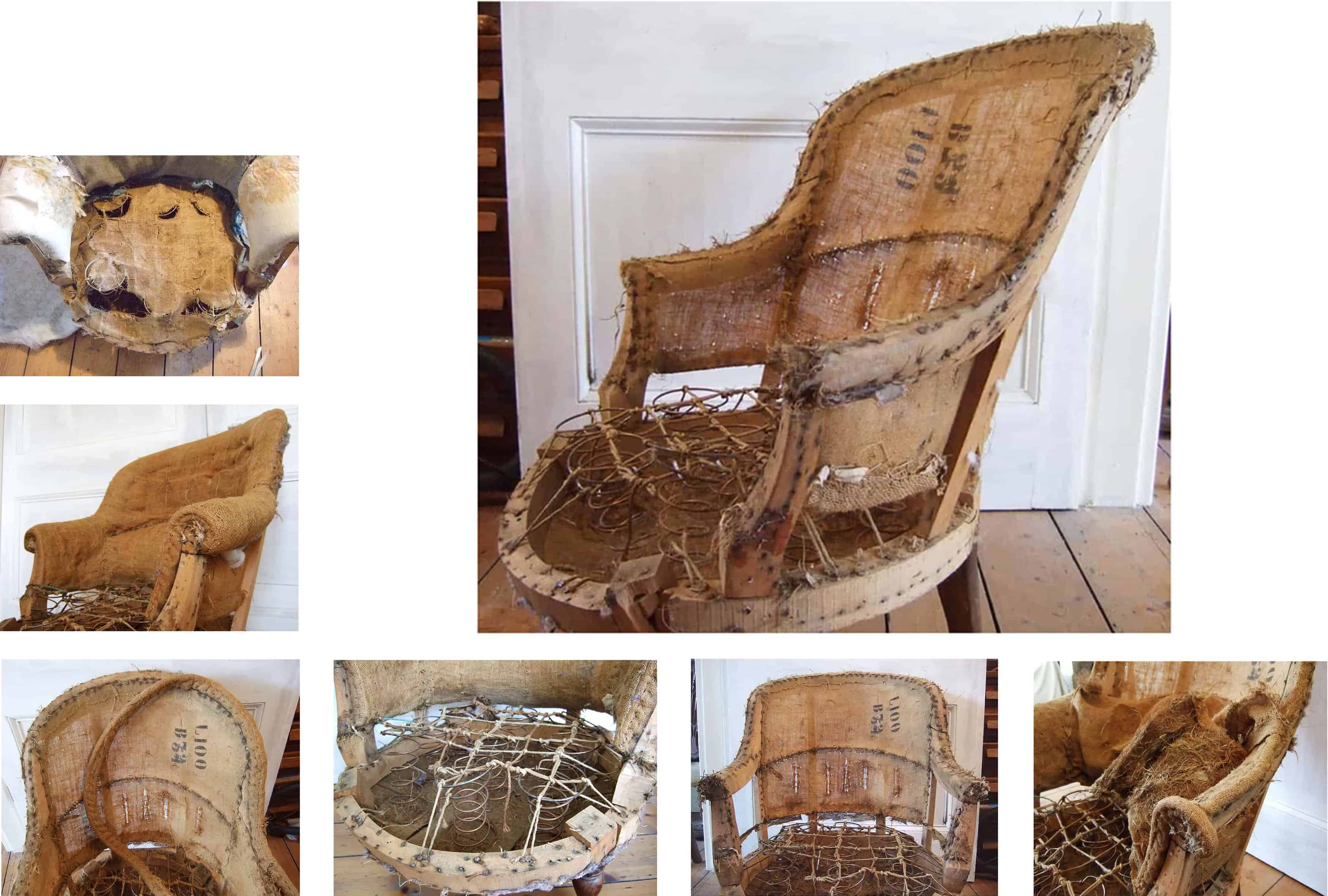 Fauteuil Crapaud, french armchair stripping down to frame.