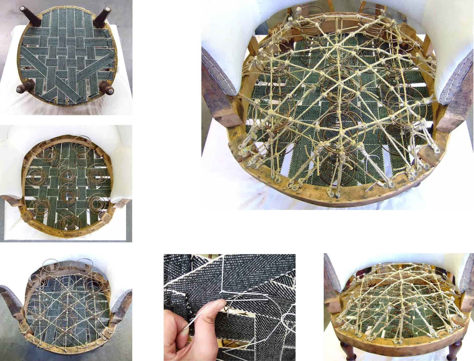 Webbing to seat frame: spings stiched down, hand tied and lashed.