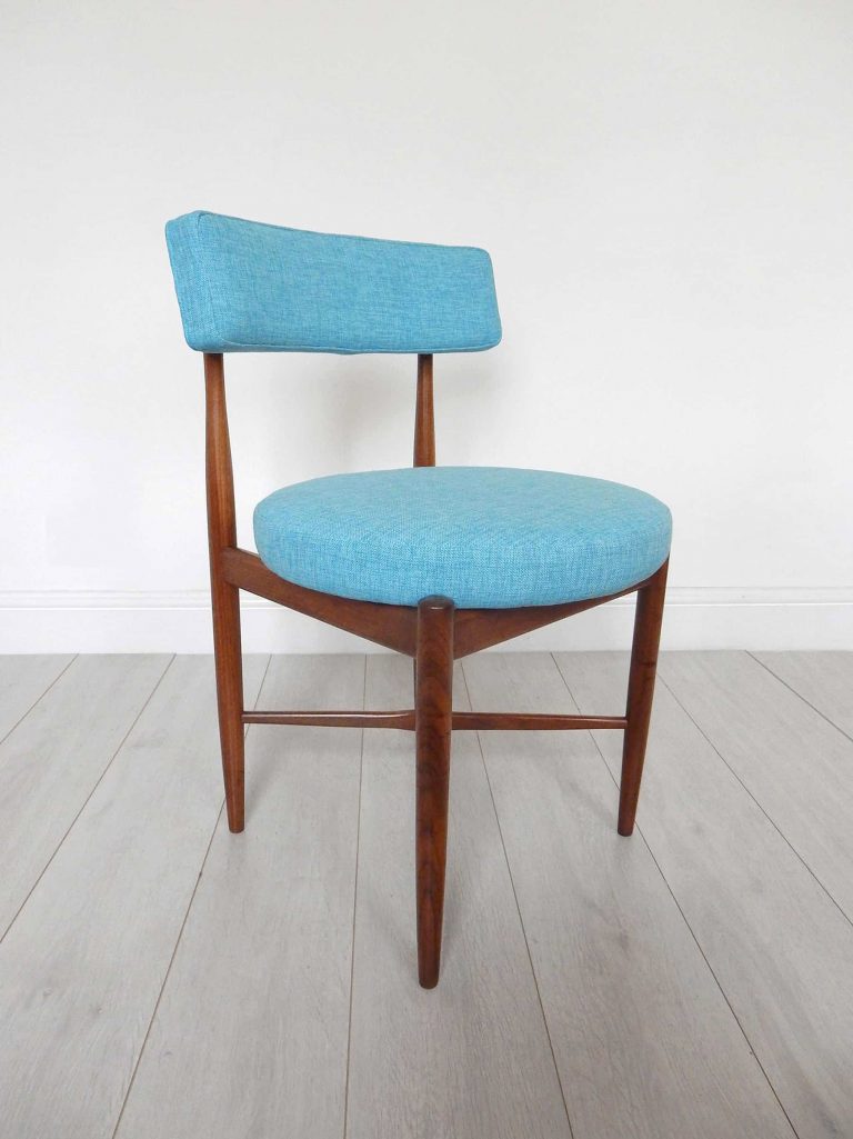 Vintage G Plan 'Fresco' dining chair, newly upholstered in a marine blue fabric by Scion fabrics.