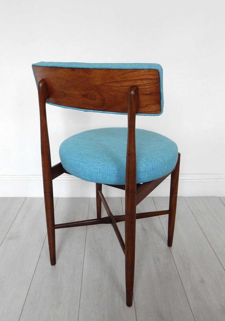 Vintage G Plan 'Fresco' dining chair, afromosia and teak frame; upholstered in a marine blue fabric by Scion fabrics.