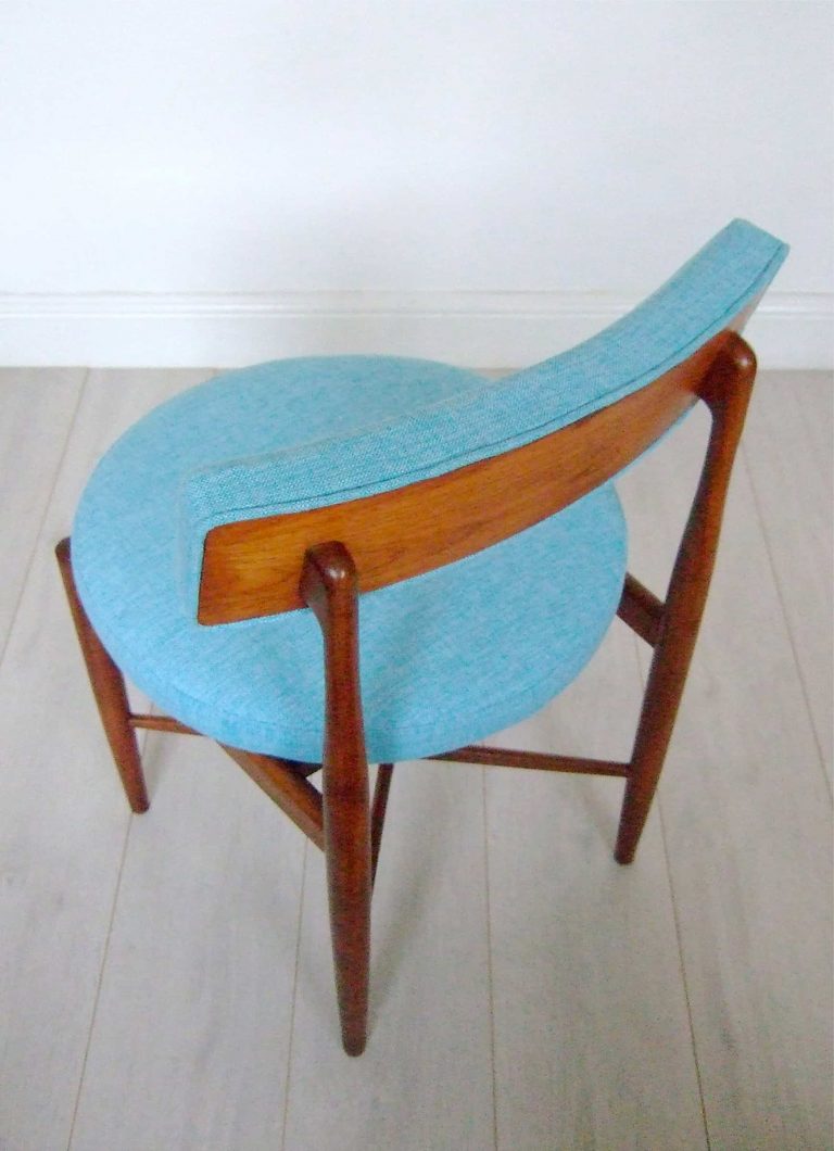 Vintage G Plan 'Fresco' dining chair, afromosia and teak frame; upholstered in a marine blue fabric by Scion fabrics.
