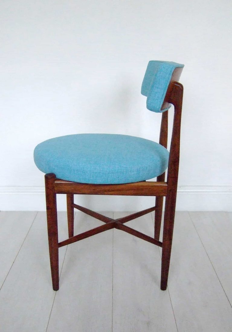 Vintage G Plan 'Fresco' dining chair, afromosia and teak frame; upholstered in a marine blue fabric by Scion fabrics.