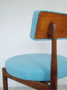 Vintage G Plan 'Fresco' dining chair, afromosia and teak frame; upholstered in a marine blue fabric by Scion, back view.