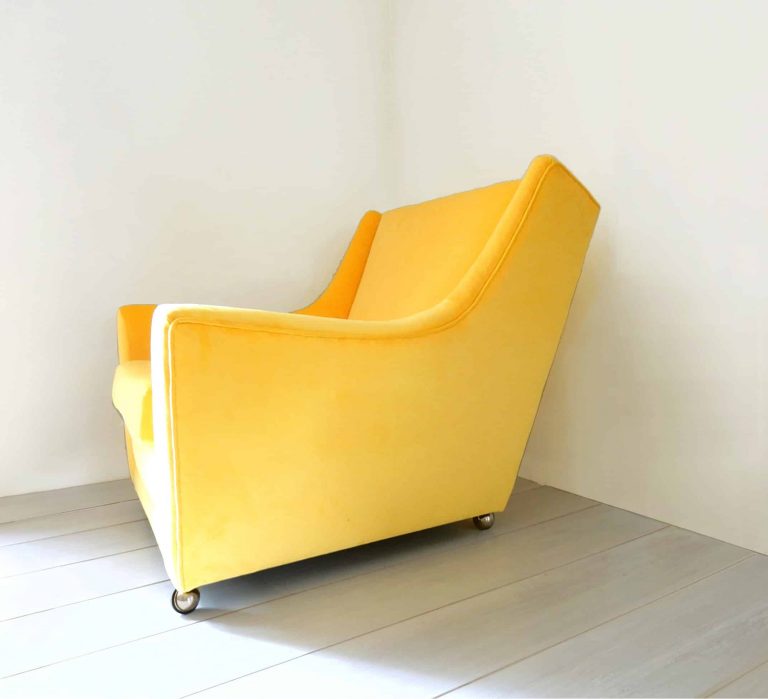 70s retro G-Plan armchair newly upholstered in bright yellow velvet