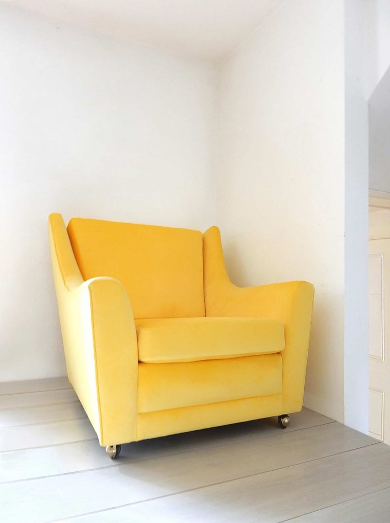 1970s G-Plan armchair reupholstered in bright yellow velvet fabric