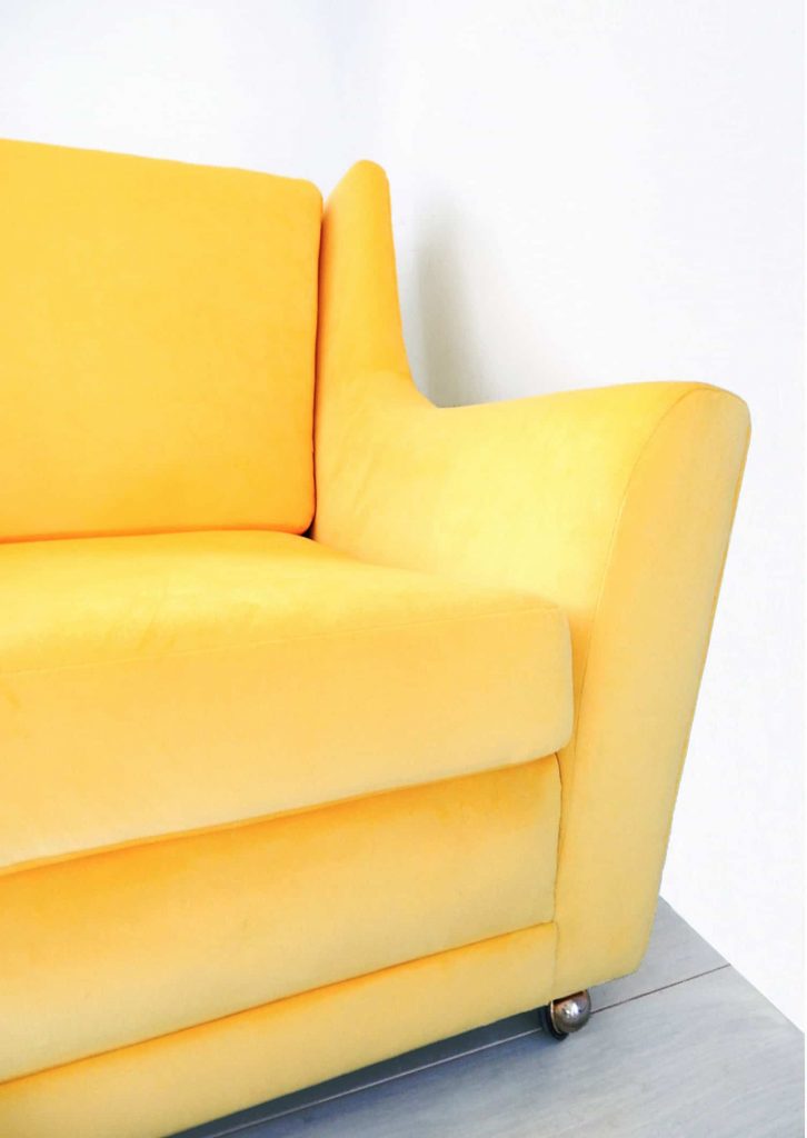 Yellow velvet 1970s G-Plan armachair - close up detail