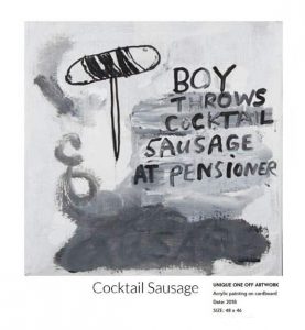 1-cocktail-sausage-acrylic-on-cardboard-by-janet-milner