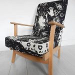 upholstered vintage parker knoll chair black and white fabric by Janet Milner