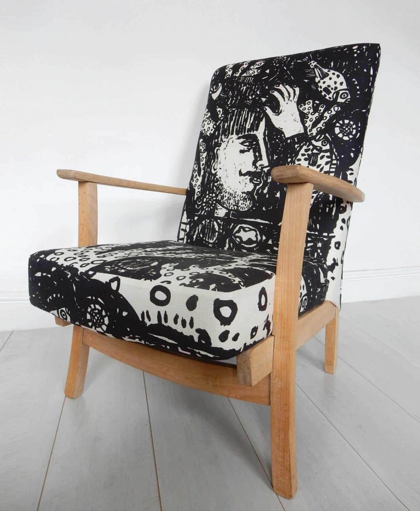 upholstered vintage parker knoll chair black and white fabric by Janet Milner