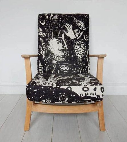 upholstered vintage parker knoll chair, black and white fabric by Janet Milner