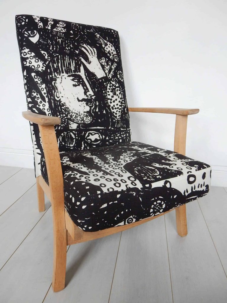 upholstered vintage parker knoll chair black and white fabric by Janet Milner