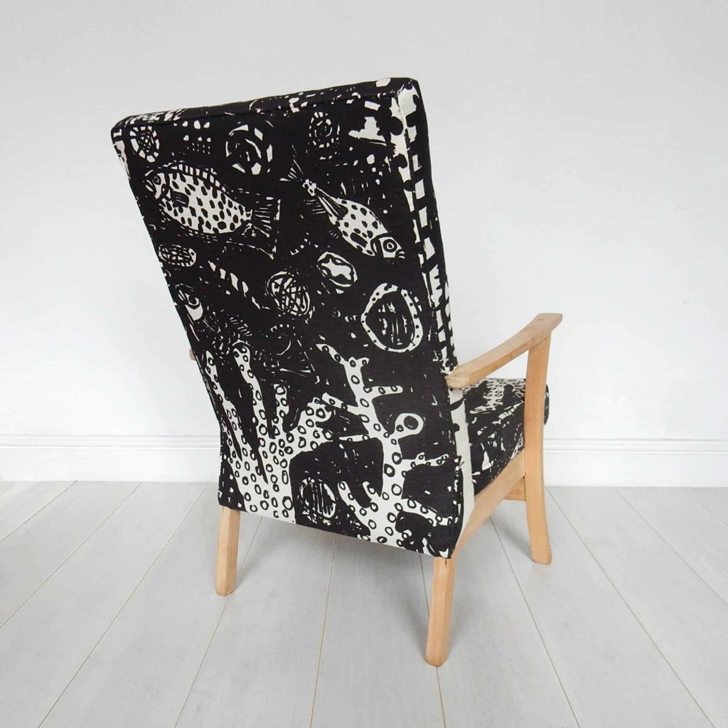 upholstered vintage parker knoll chair- black and white fabric by Janet Milner