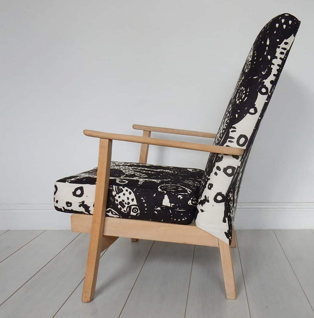 upholstered vintage parker knoll chair black and white fabric by Janet Milner SIDE VIEW