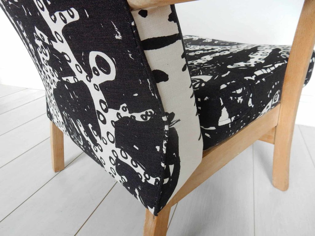 upholstered vintage parker knoll chair black and white fabric by Janet Milner DETAIL