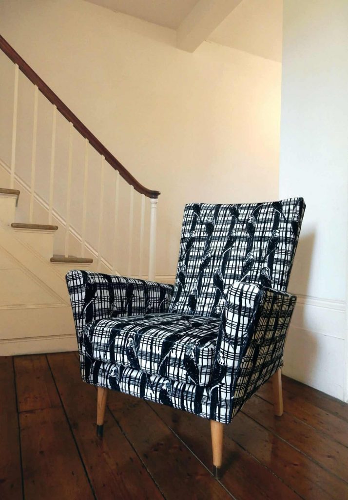 Reupholstered 1950s-60s vintage armchair in black & white Budgie Tartan velvet fabric by Janet Milner.