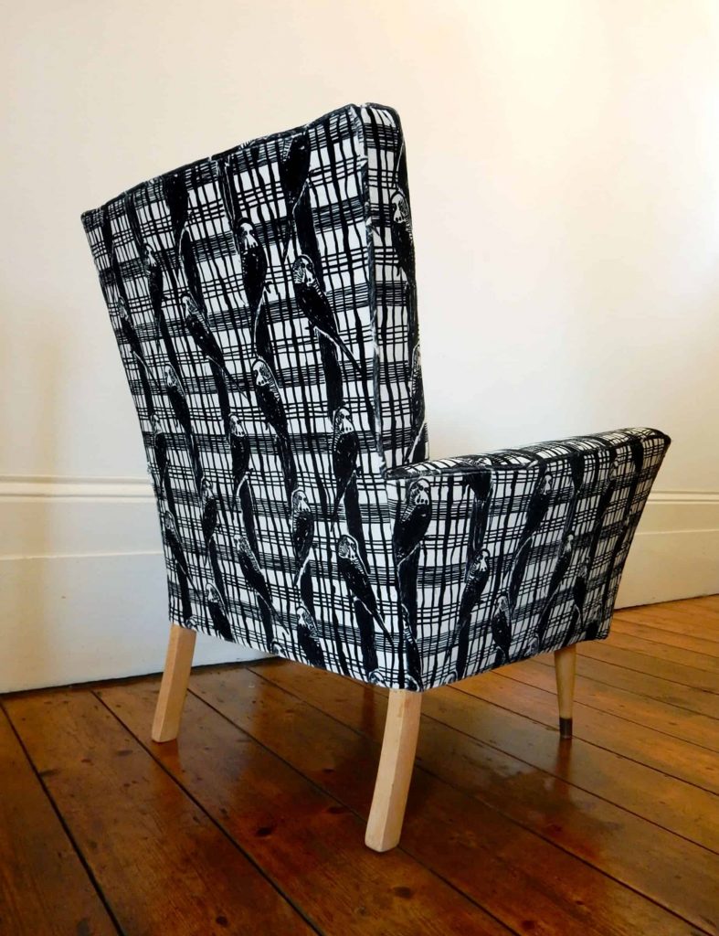 Reupholstered 1950s-60s vintage armchair in black & white Budgie Tartan velvet fabric by Janet Milner, back viewDETAIL