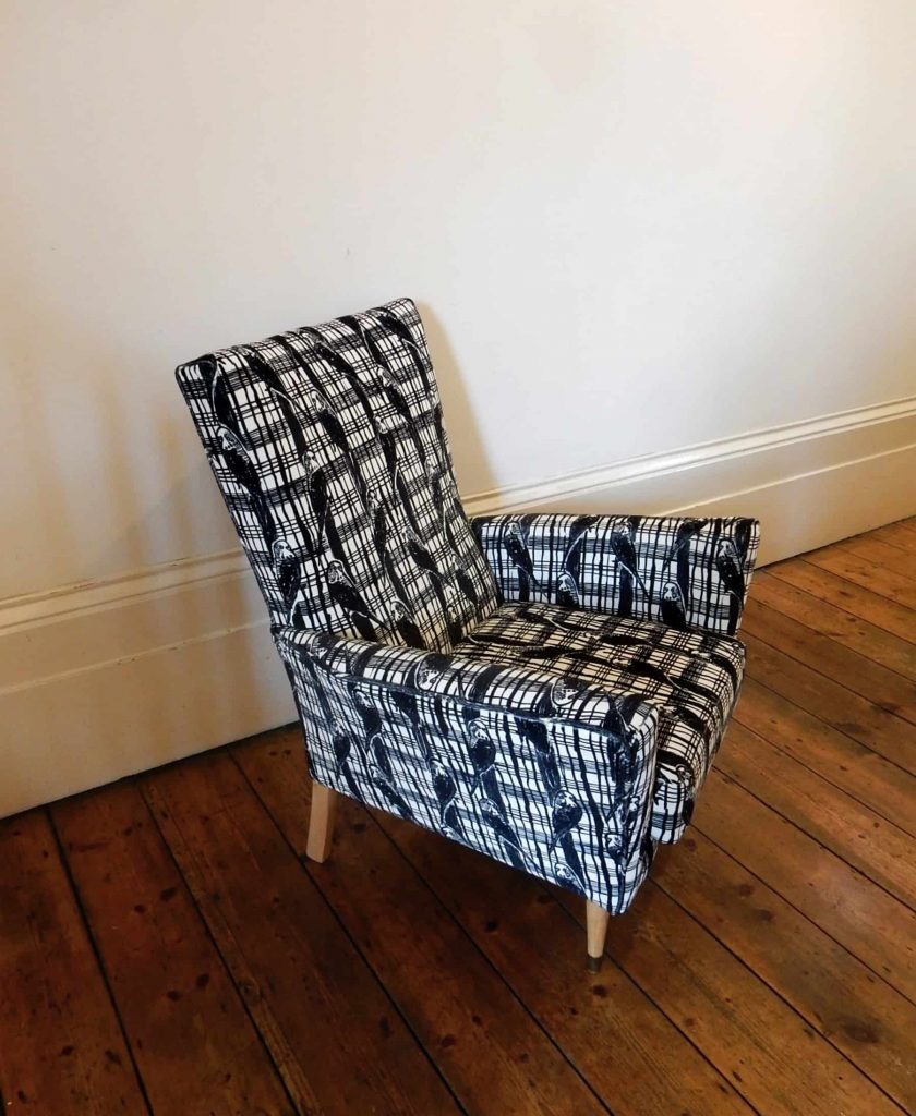 Reupholstered 1950s-60s vintage armchair in black & white Budgie Tartan velvet fabric by Janet Milner