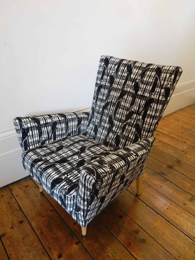 Reupholstered 1950s-60s vintage armchair in black & white Budgie Tartan velvet fabric by Janet Milner