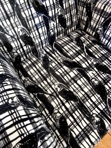 Reupholstered 1950s-60s vintage armchair in black & white Budgie Tartan velvet fabric by Janet Milner - close up